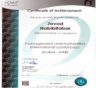 Certificate Od Achievement This is to confirm that the paper of Javad Habibitabar